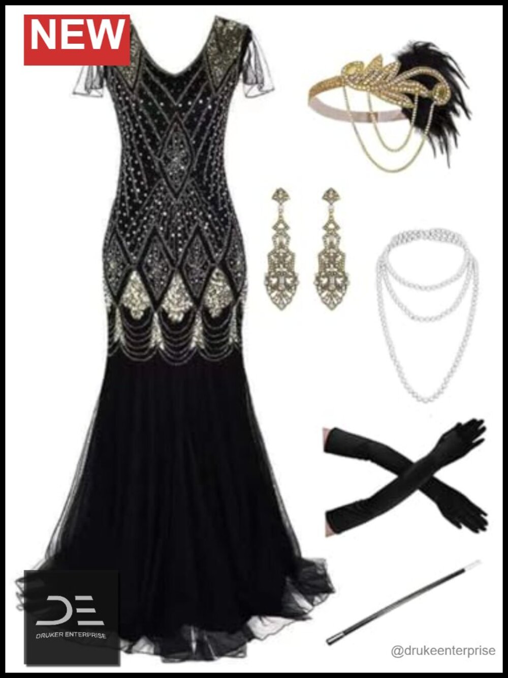 Plus Size 1920s Sequin Fringed Flapper Cocktail Dress with Accessories